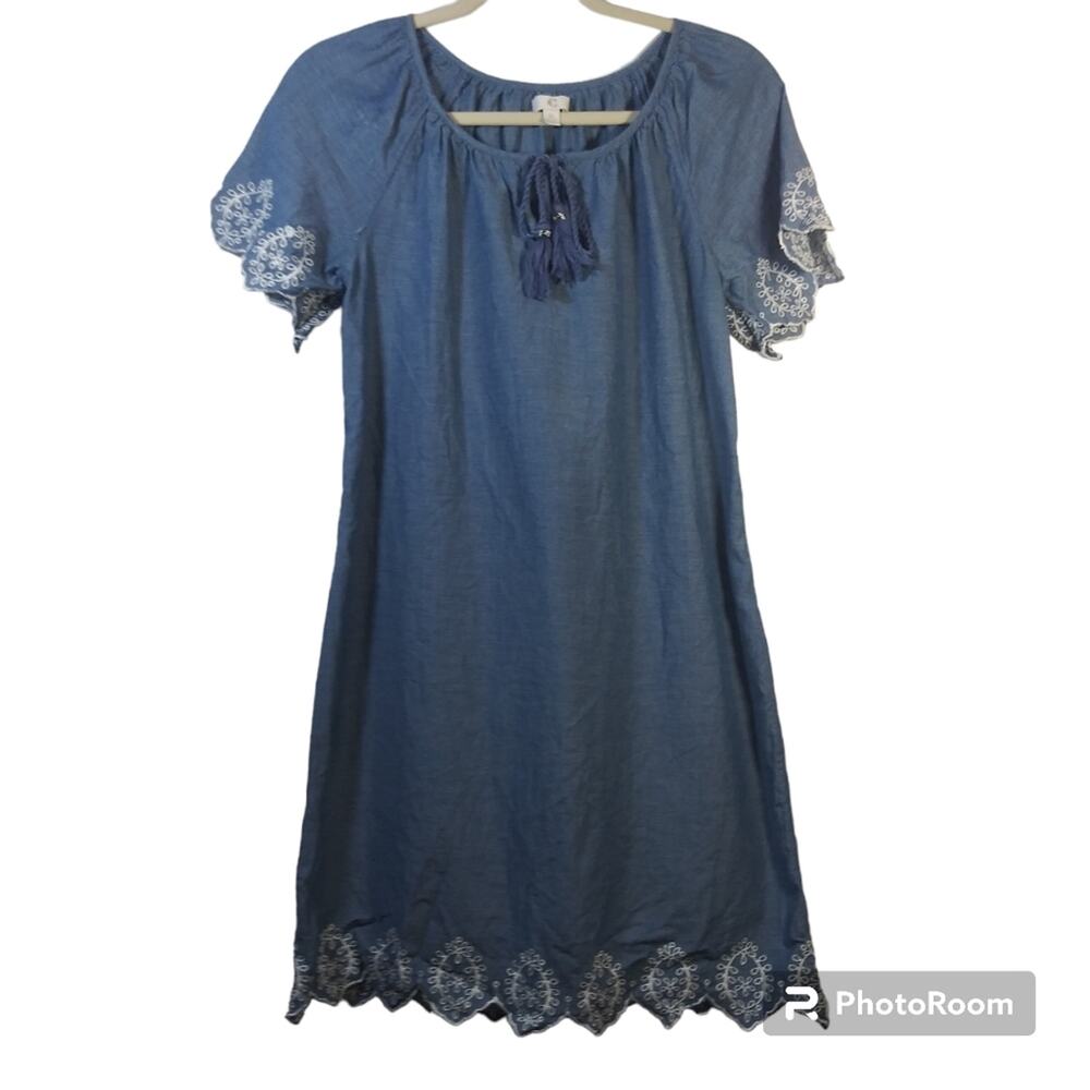 Charming Charlie Blue Chambray Embroidered Dress Coastal Casual Size M
